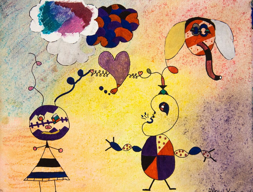 A 6th grade student's Joan Miró inspired design in chalk pastel and sharpie marker