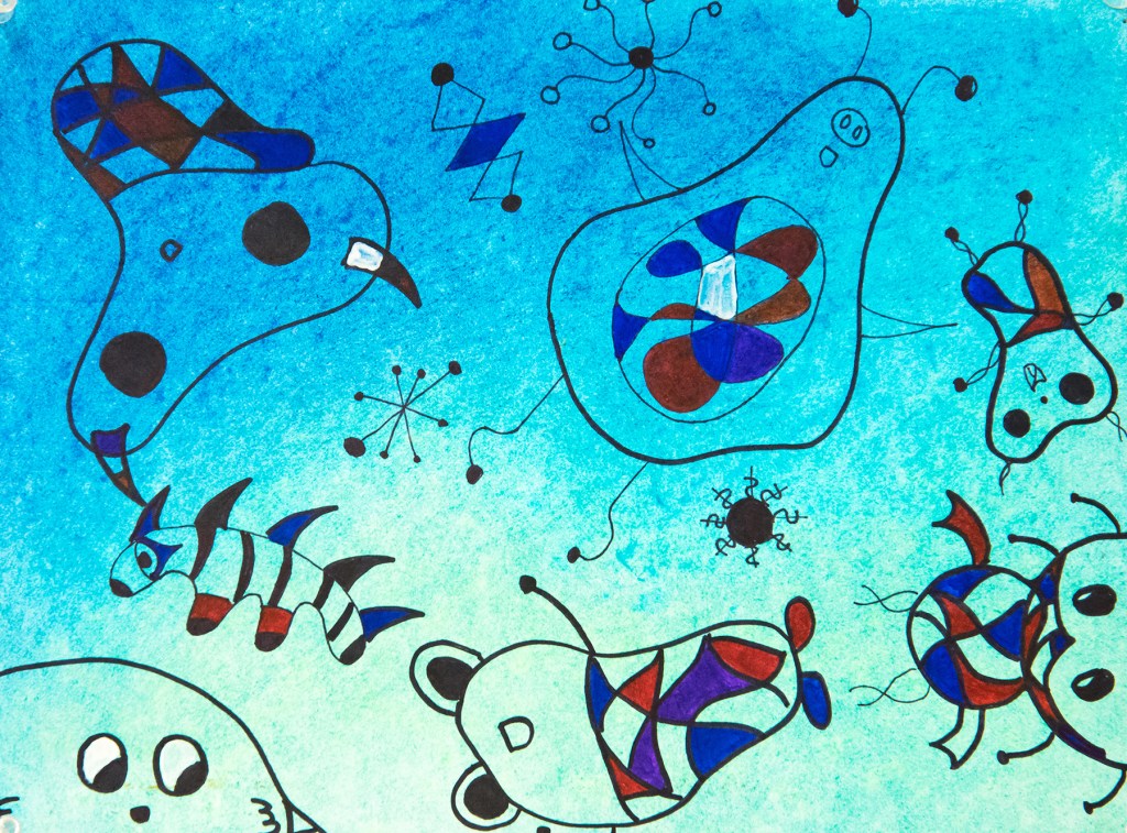 A 6th grade student's Joan Miró inspired design in chalk pastel and sharpie marker