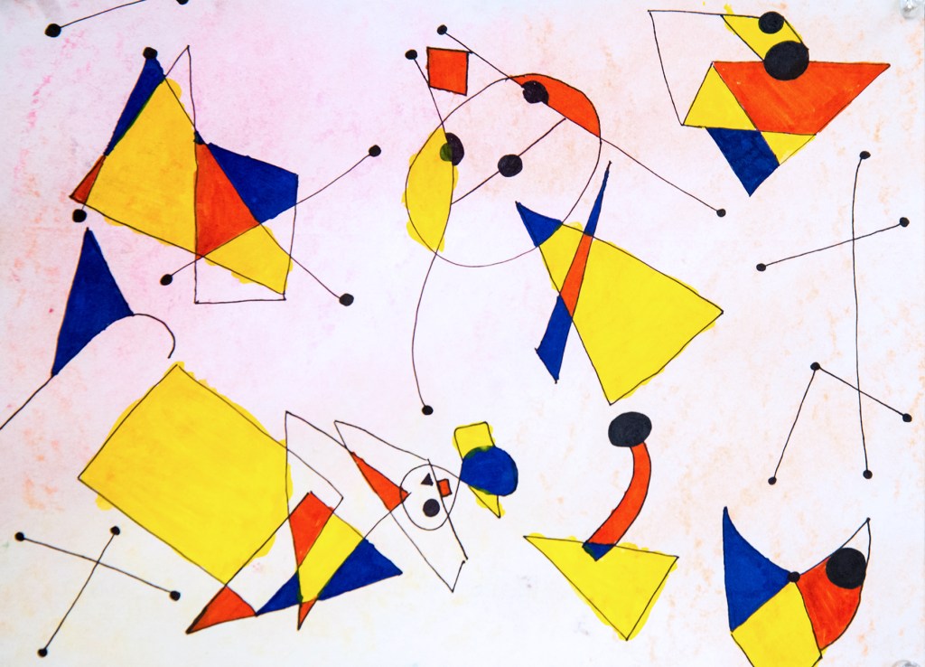 A 6th grade student's Joan Miró inspired design in chalk pastel and sharpie marker