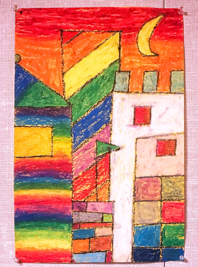 3rd grade student's oil pastel "cityscape" inspired by Paul Klee's magic square paintings