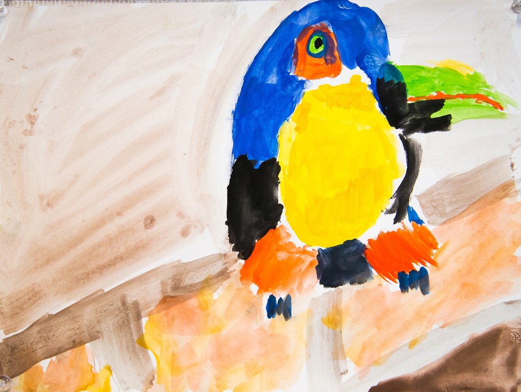 4th grade - Impressionist- (and subjective-) style animal painting representing a blue and yellow parrot