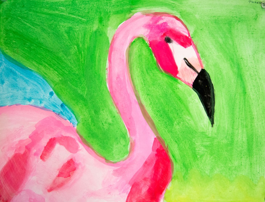 4th grade - Impressionist- (and subjective-) style animal painting of a flamingo