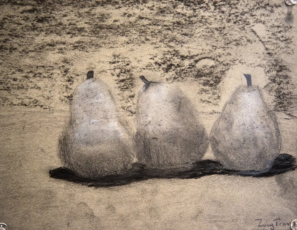 6th grade - chiaroscuro still life drawing in graphite and charcoal representing three pears