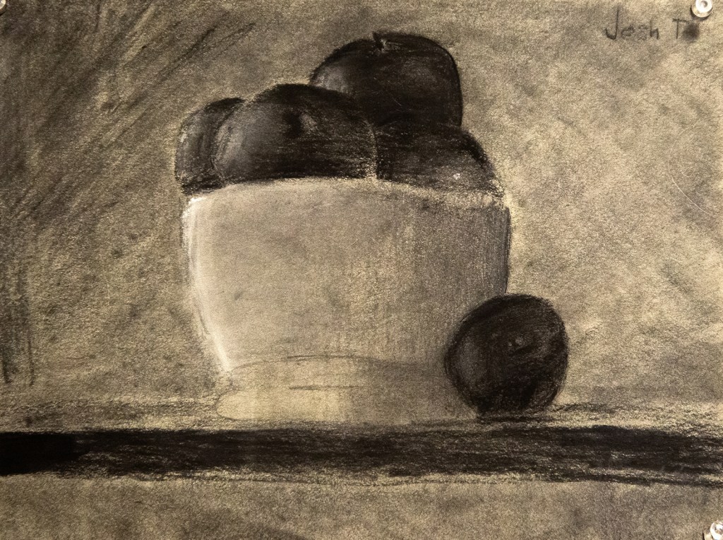 6th grade - chiaroscuro still life drawing in graphite and charcoal representing a bowl of apples