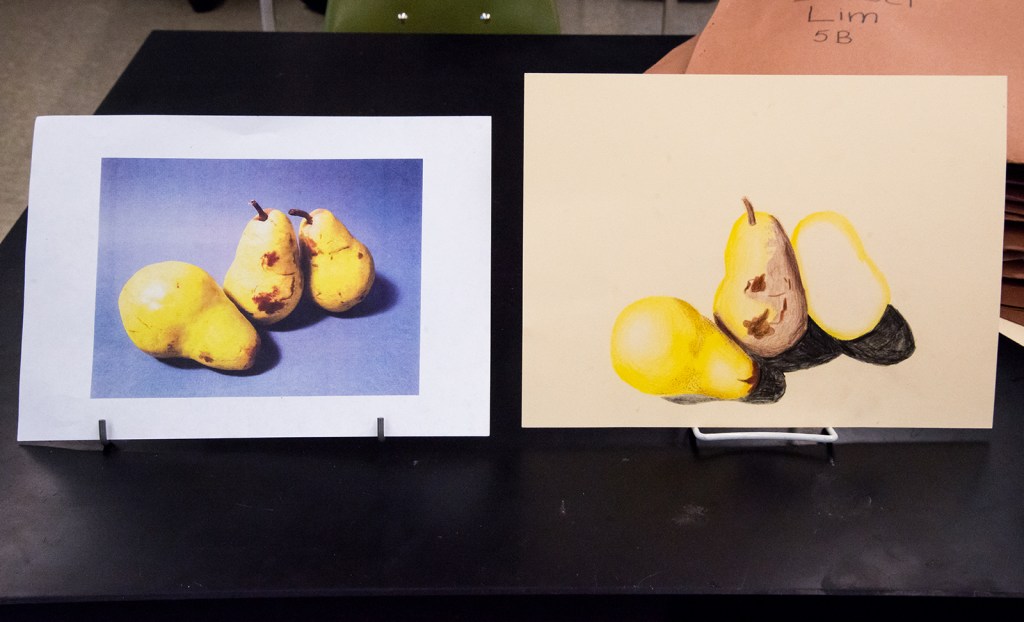 7th grade colored pencil still life in progress, drawing of three pears