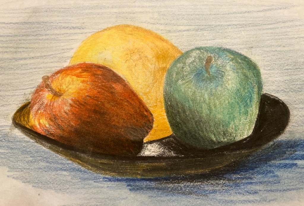 7th grade colored pencil still life of a red apple, green apple and an orange on a plate