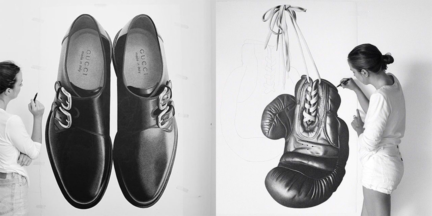 two images of artist CJ Hendryy working on her drawings, one of a pair of men's Gucci shoes, another of a boxing glove