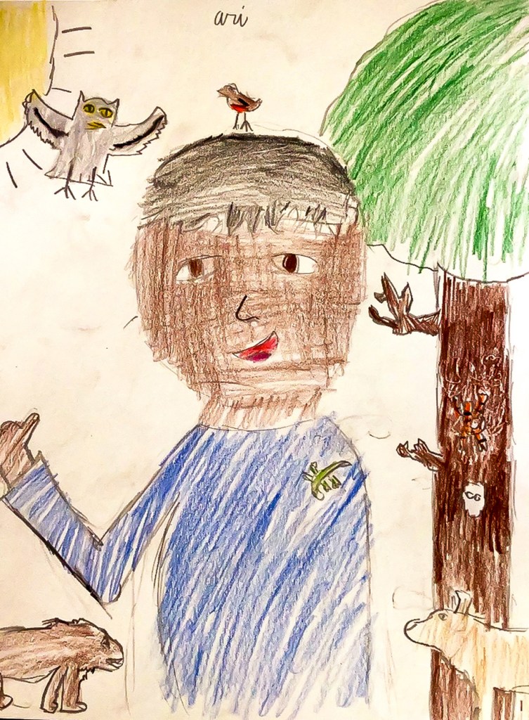 1st grade art - Frida Kahlo-inspired self-portrait with animals