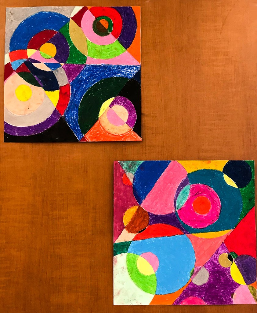 Two Orphism-style oil pastel illustrations by 4th grade students
