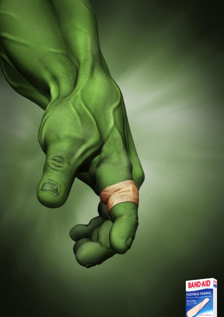 This ad for Band-Aids is one of the students' favorites. Here we note the use of isolated color, where the image is dominated mostly by green, so that our eye is drawn to the band-aid around the Hulk's finger. We discuss the use of a recognizable pop culture character, and the story the ad is telling, i.e. "our band-aids are so strong, that even when Bruce Banner turns into the Hulk, it stretches with him and stays on."