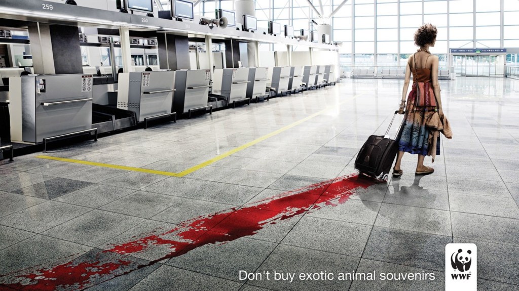 In this World Wildlife Fund ad against poaching for souvenirs, the stark red against gray, as well as the leading lines draw our eyes to the suitcase.