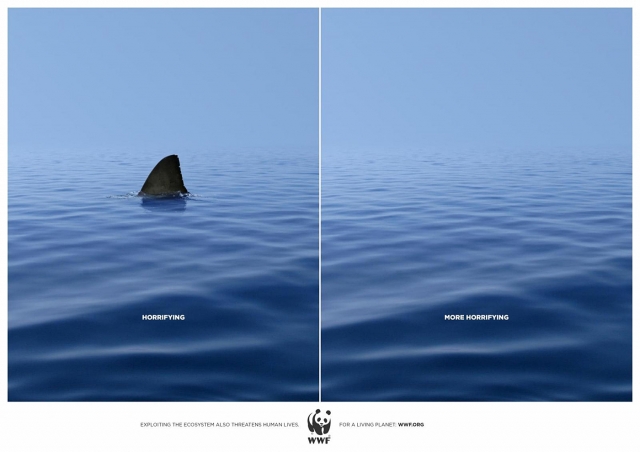A campaign by World Wildlife Fund advocating for the protection of endangered species. It is spare and monochromatic for effect, though some students feel the copy is too small and should have been bigger