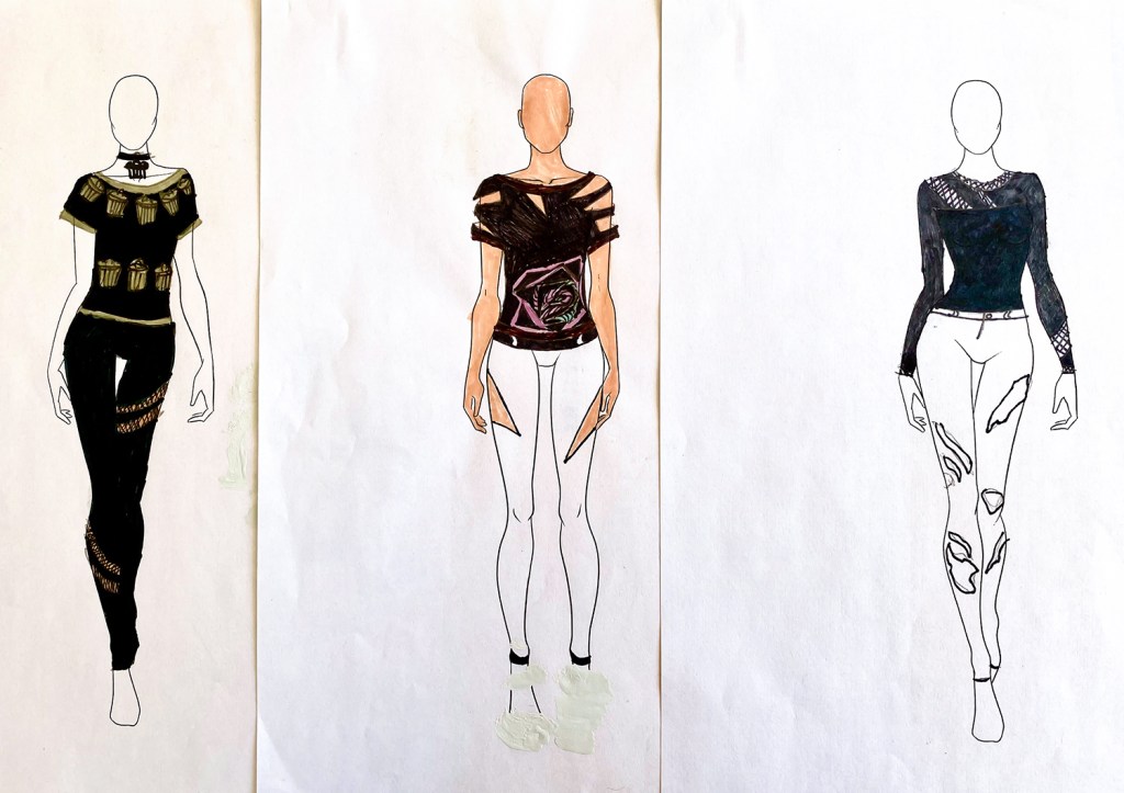 three images of a unified "look" for one 7th grade student's fashion line