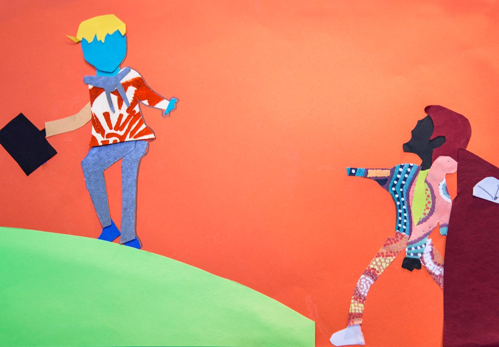 7th grade art -As noted in the objectives, another variation on this unit is for students to come up with looks using handmade and fancy paper put into collage. This student made several "scenes", with this being just one, envisioning a kind of fashion catalogue.