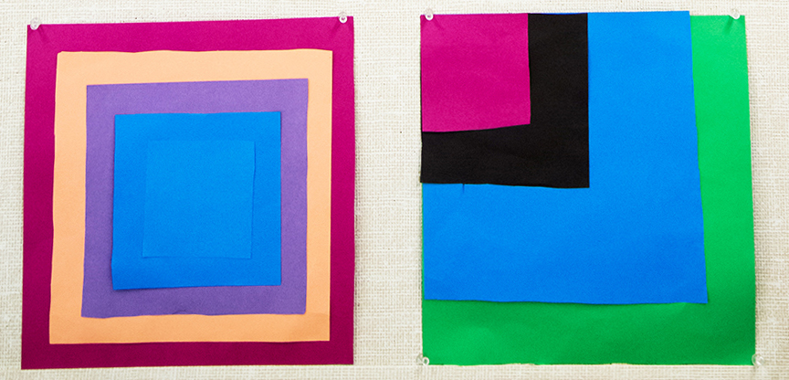 1st grade student work - Homage to the Square, cut out colored construction paper