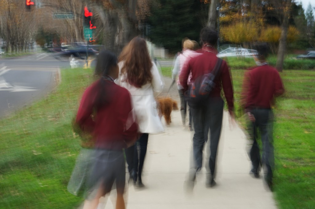 A student used a slow shutter speed to capture the rest of us walking back to campus, setting up a nicely surreal, blurry shot