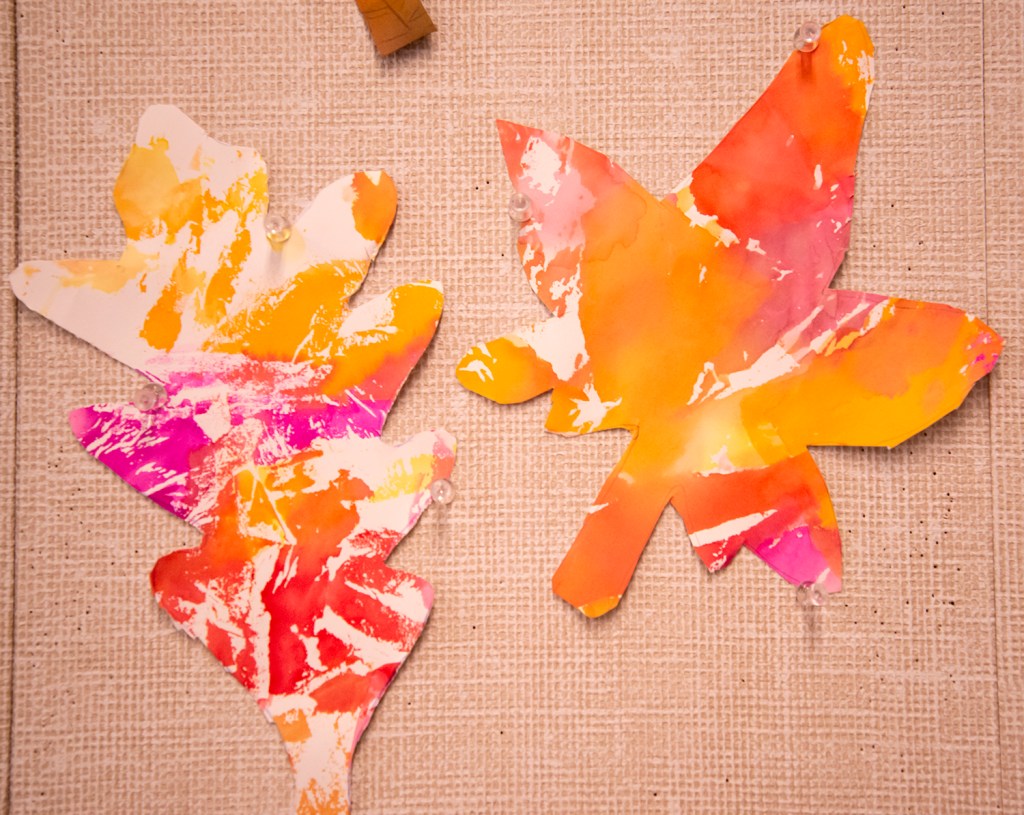 Kindergarten students' autumn leaves, made with warm colored bleeding tissue paper