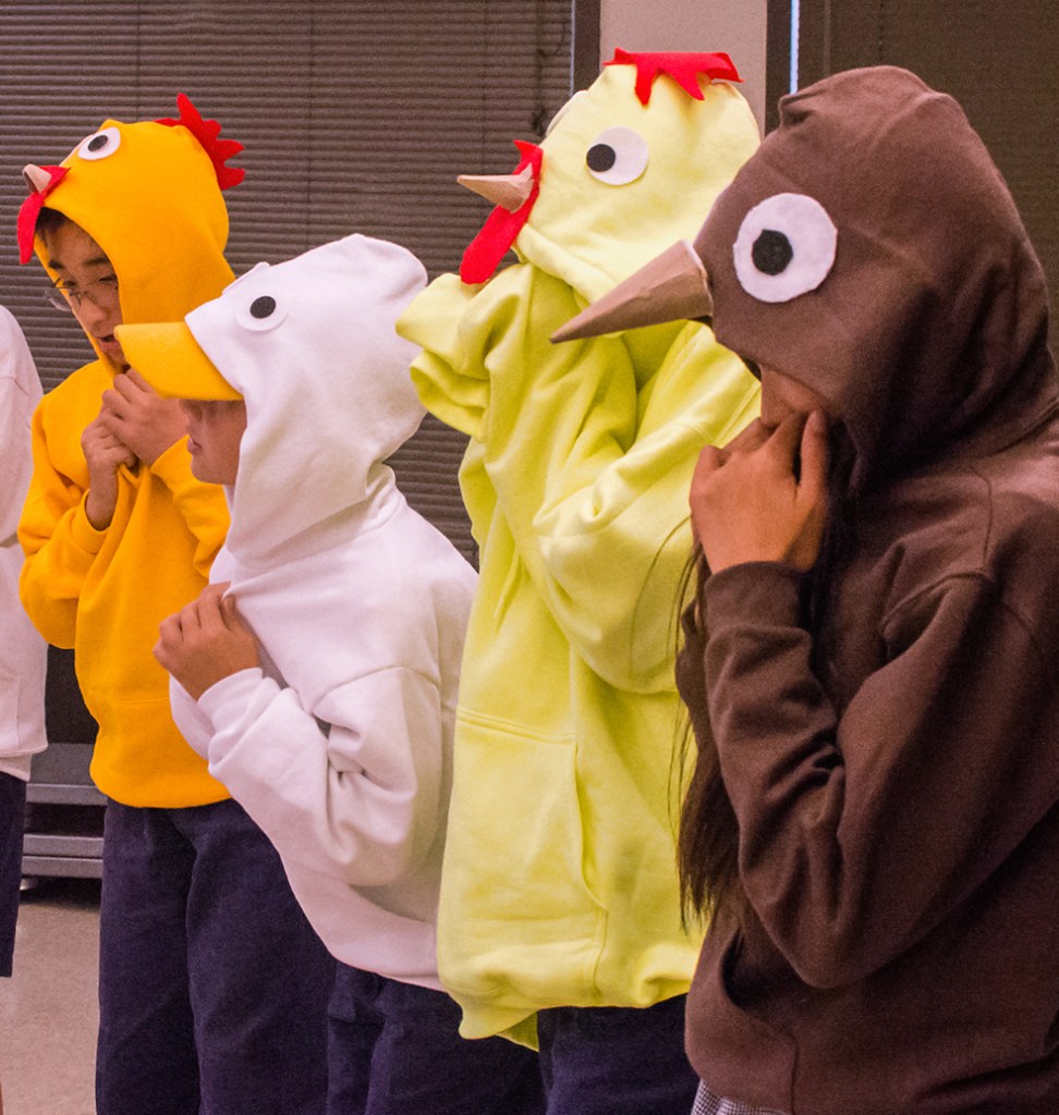 For this particular play students needed to come up with animal costumes. They decided to use solid-color sweatshirts and embellish them with the various features attributed to each animal. 