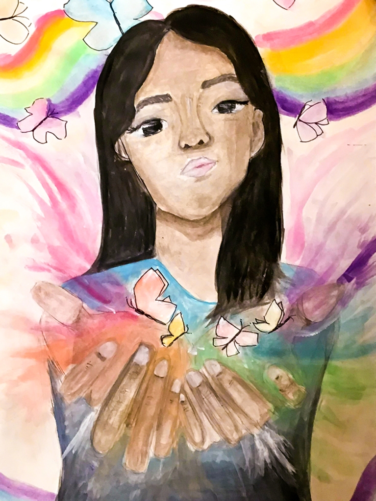 7th Grade Completed Foreshortening Student Artwork: a girl cupping butterflies in her hands, while butterflies and rainbows surround her