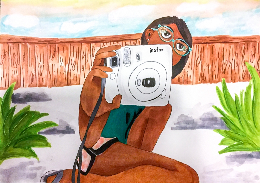 7th Grade Completed Foreshortening Student Artwork: a girl holding out an instant camera