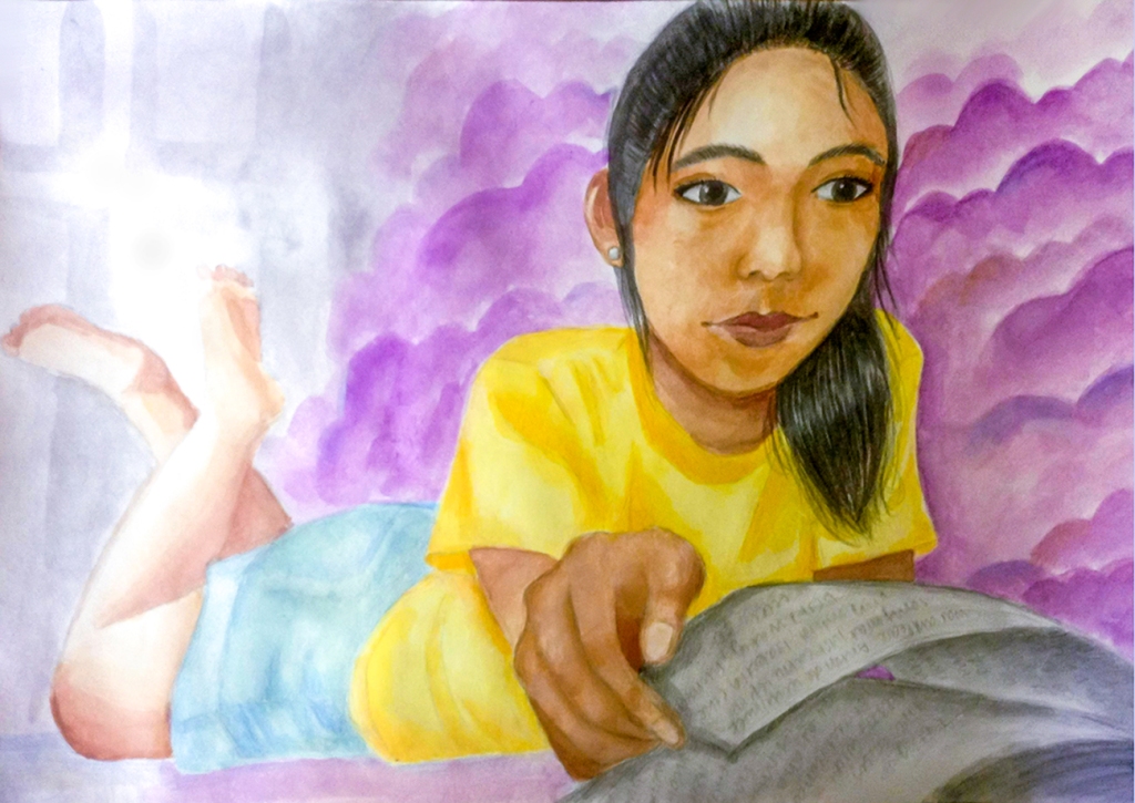 7th Grade Completed Foreshortening Student Artwork: a girl lying on her stomach reading a book