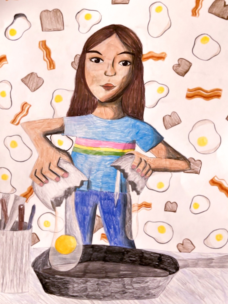 7th Grade Completed Foreshortening Student Artwork: a girl frying an egg