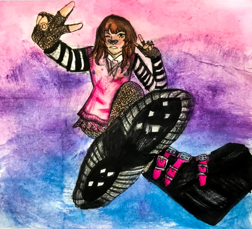 7th Grade Completed Foreshortening Student Artwork: a girl stomping on the viewer below her with her boot, while flashing the peace sign with both hands