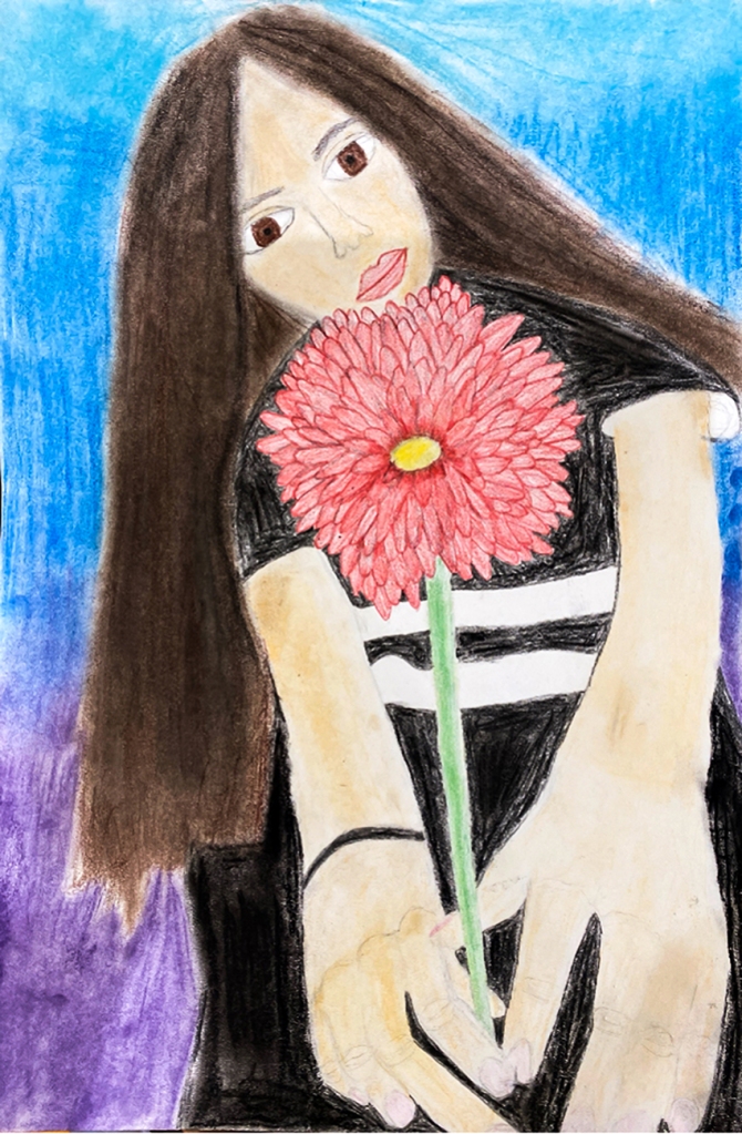 7th Grade Completed Foreshortening Student Artwork: a girl holding out a red dahlia