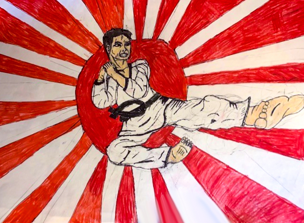 7th Grade Completed Foreshortening Student Artwork: boy doing a karate kick in front of a red sun