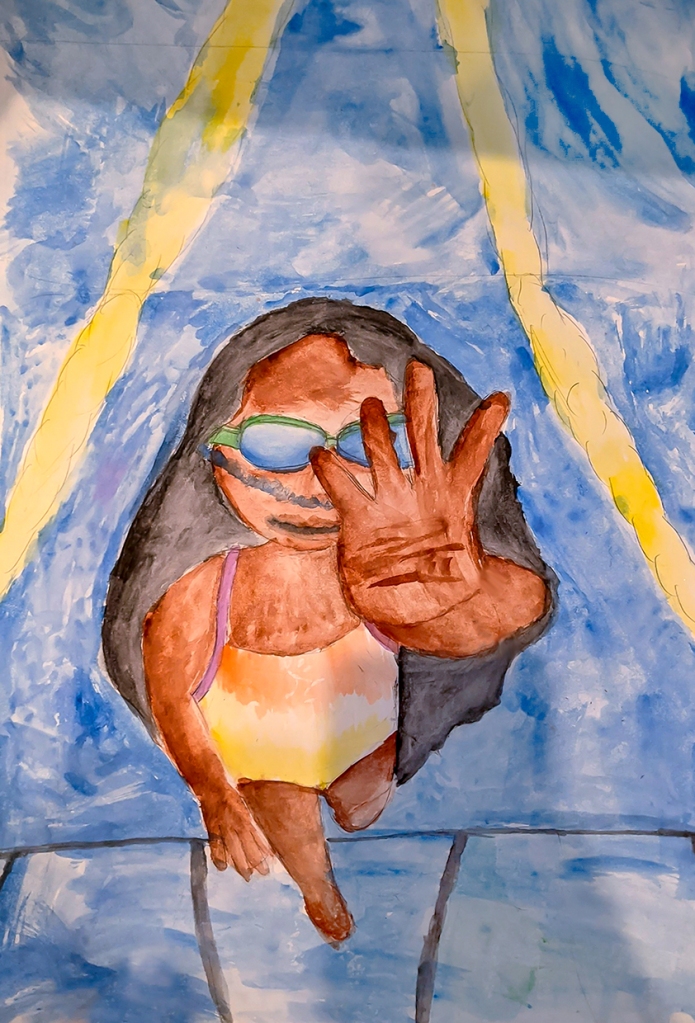 7th Grade Completed Foreshortening Student Artwork: a girl swimming in a pool, viewed from under the water