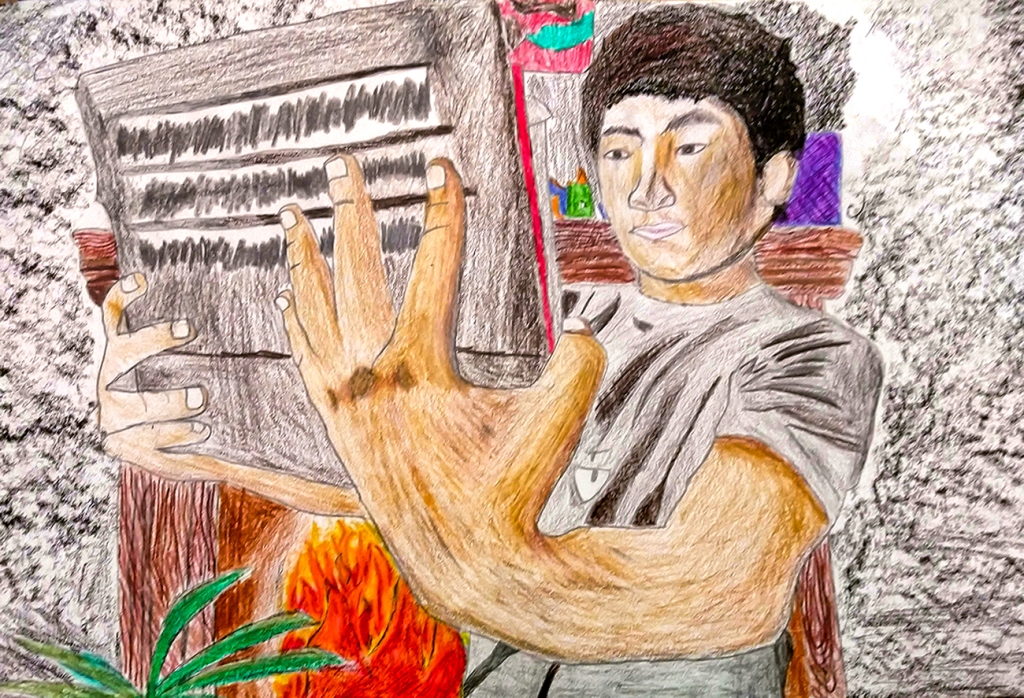 7th Grade Completed Foreshortening Student Artwork: a boy holding out a tablet