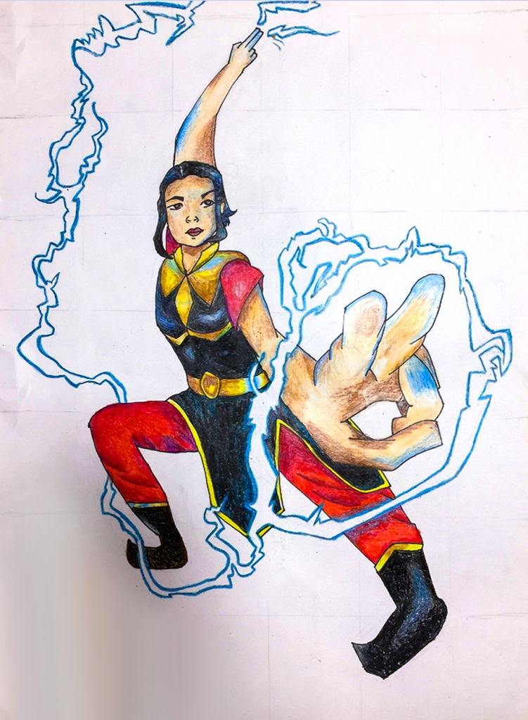 7th grade in-progress student foreshortening artwork: a female superhero generating lightning