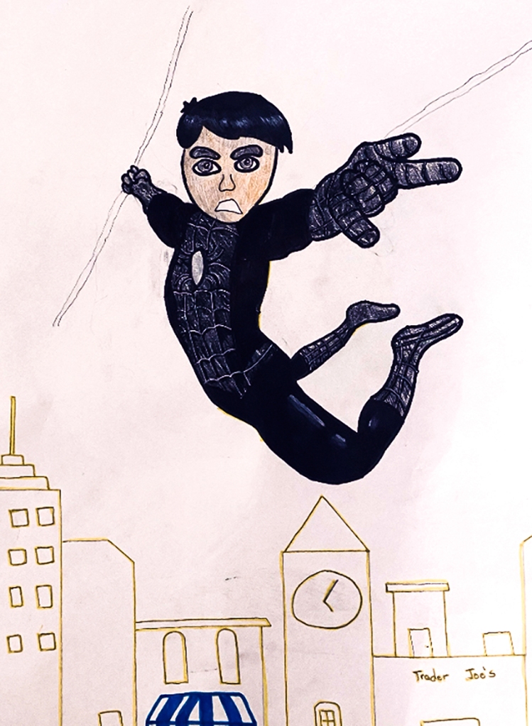 7th grade in-progress student foreshortening artwork: Spiderman in black swinging above a city