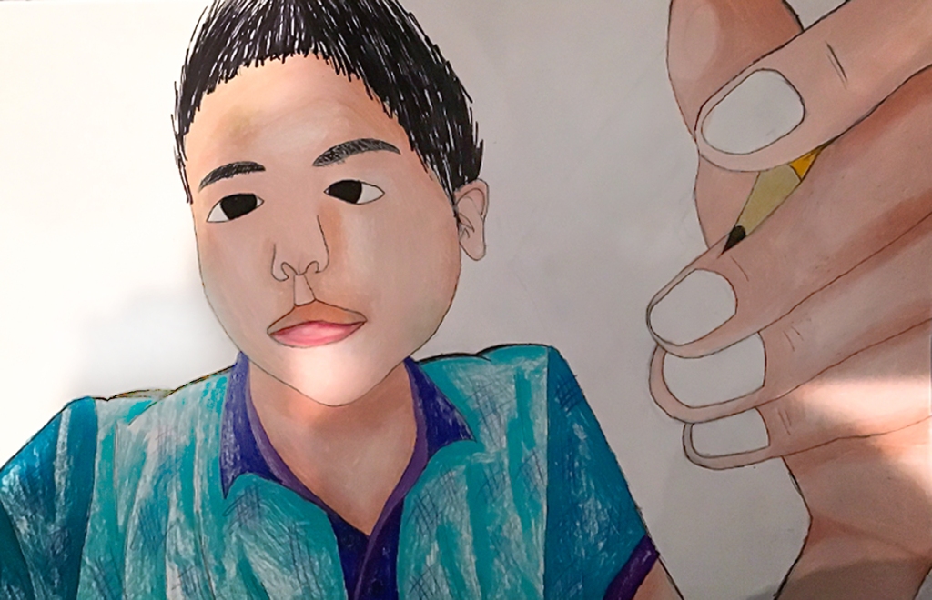 7th grade in-progress student foreshortening artwork: boy holding a pencil in his foreshortened hand














