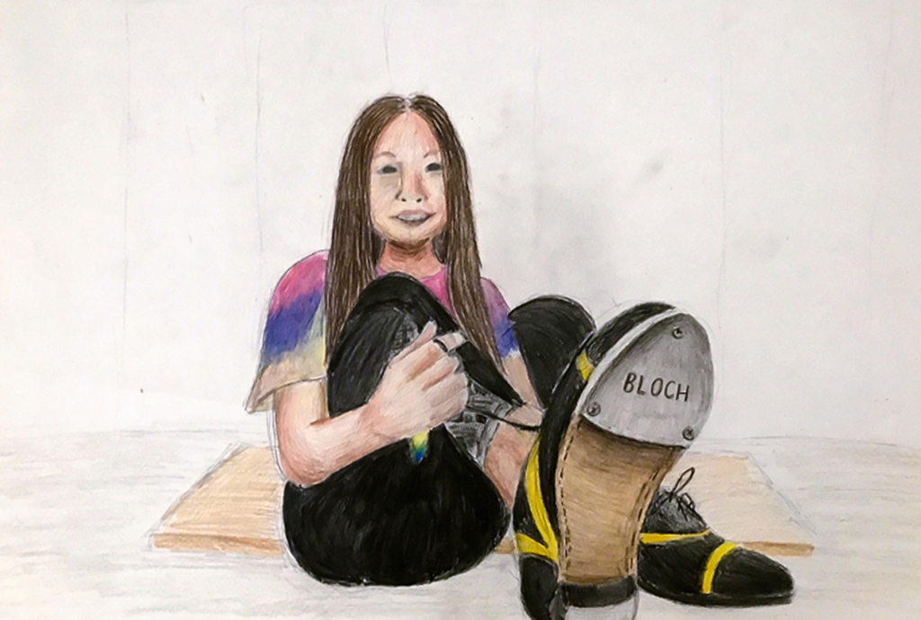 7th grade in-progress student foreshortening artwork: girl tying her shoe.











