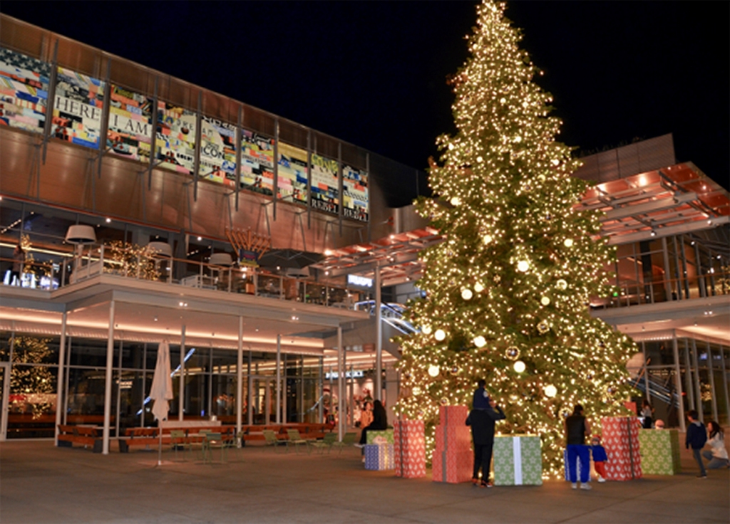 8th grade student's night photography: a shopping center festooned with a Christmas tree and presents