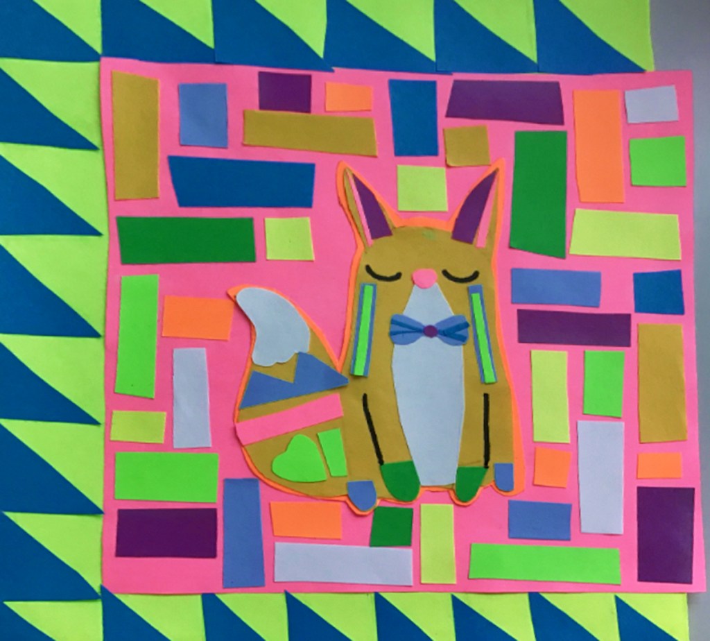 A 4th grade student Mola, depicting a handsomely dressed fox surrounded by multicolored lines in different directions