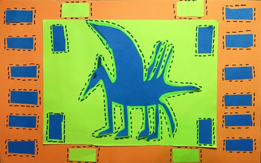 A 4th grade student Mola, depicting a blue dragon and blue and green patterns, all adorned with "stitches" to look like a real Mola