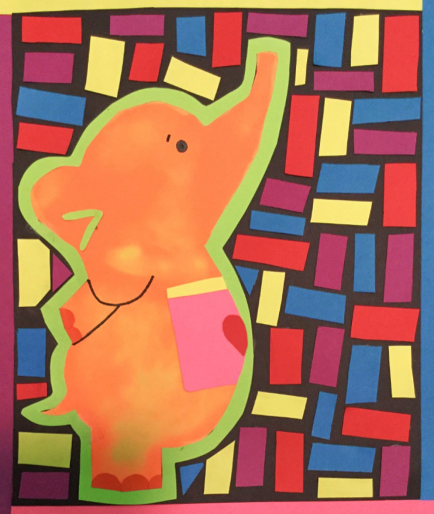 A 4th grade student Mola, depicting an orange elephant surrounded by multicolored rectangles.