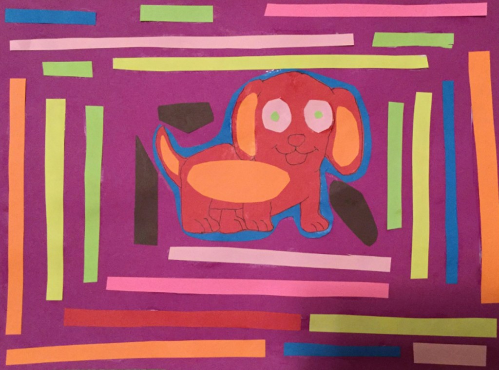A 4th grade student Mola, depicting a red dog framed by lines of various colors.