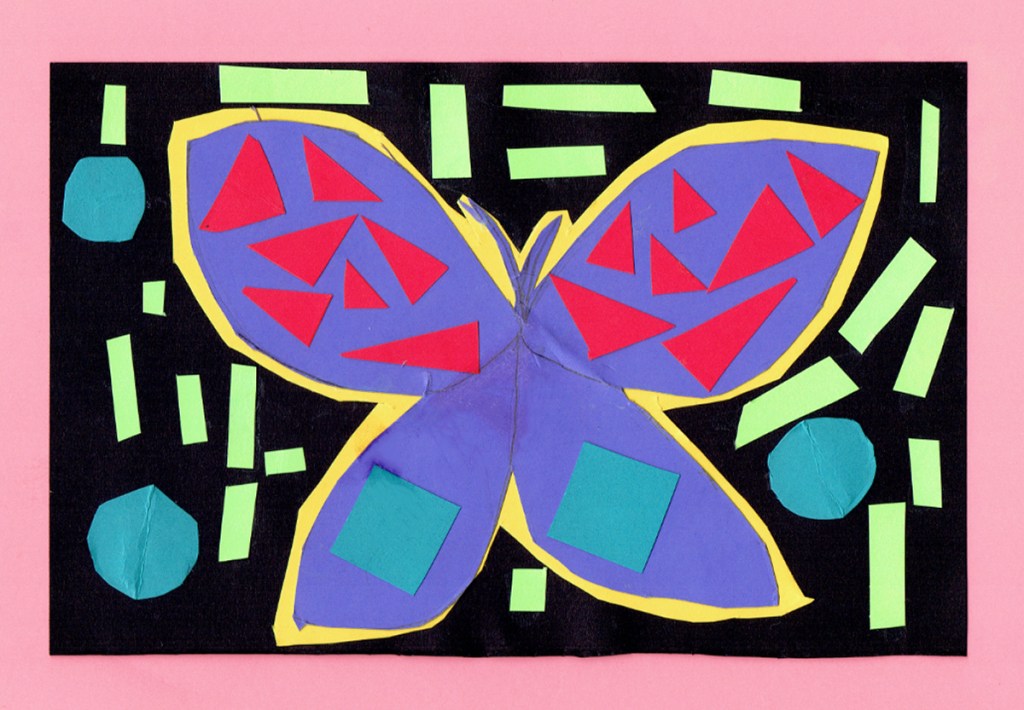 A 4th grade student Mola, depicting a purple butterfly with geometric patterns of pink and blue inside the wings, and surrounded by blue circles and green rectangles.