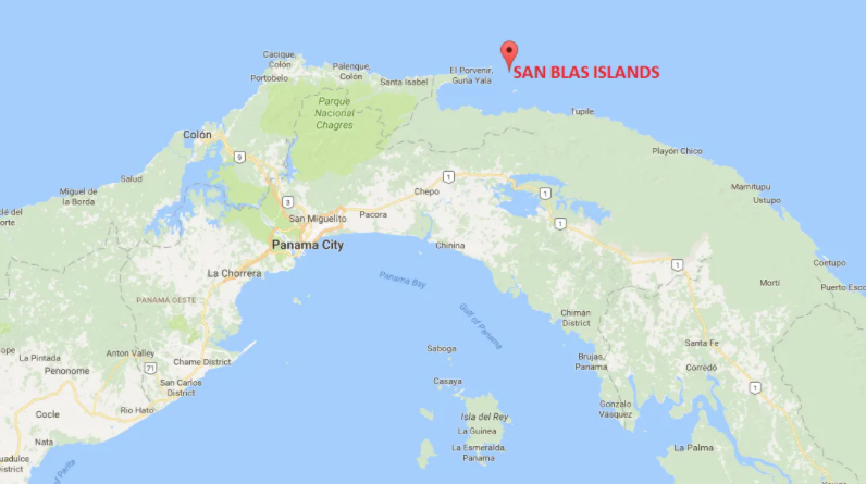 Map of Panama pointing to the very tiny San Blas Islands, origin of the Mola