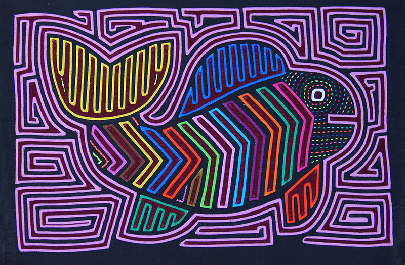 An example of a conventional Mola, depicting a large, vibrant fish surrounded by purple geometric designs