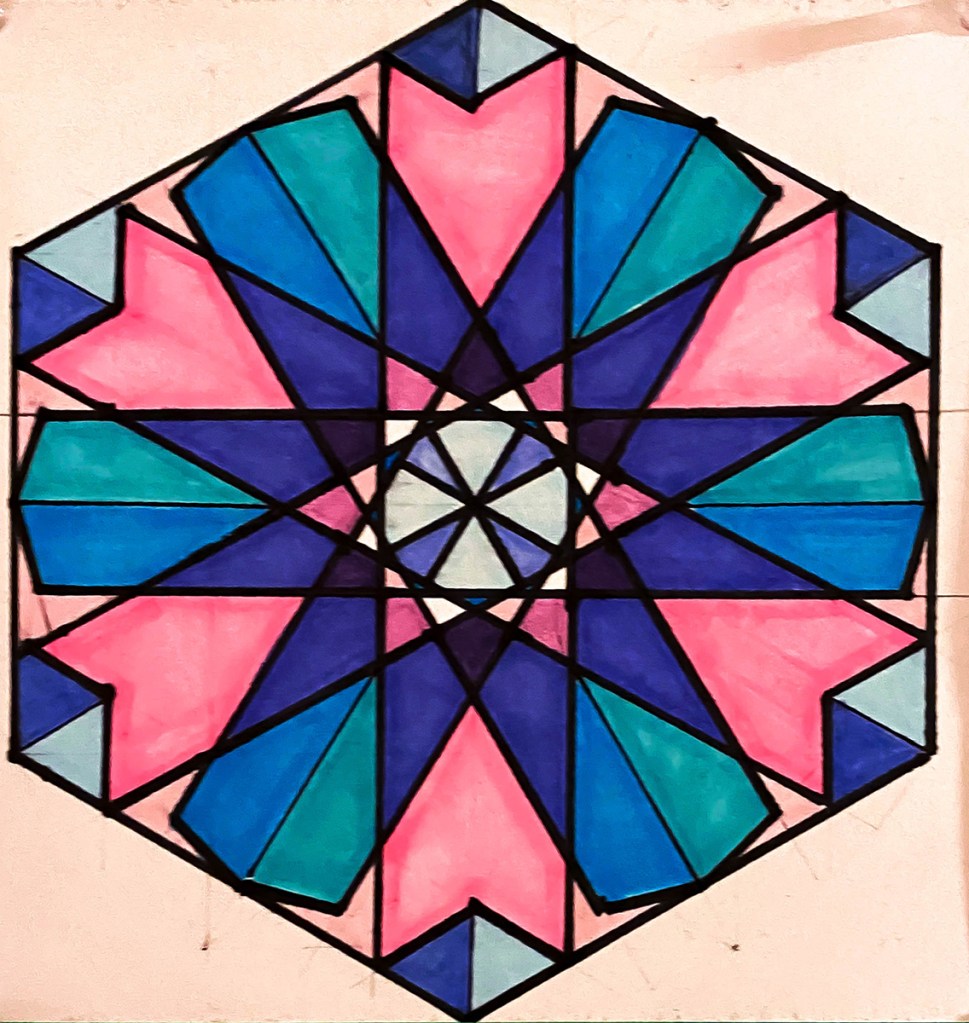 Examples of 6th grade students' Arabic geometric "tiles" made by using mathematical steps as given in Eric Bourg's book "Islamic Geometric Patterns"