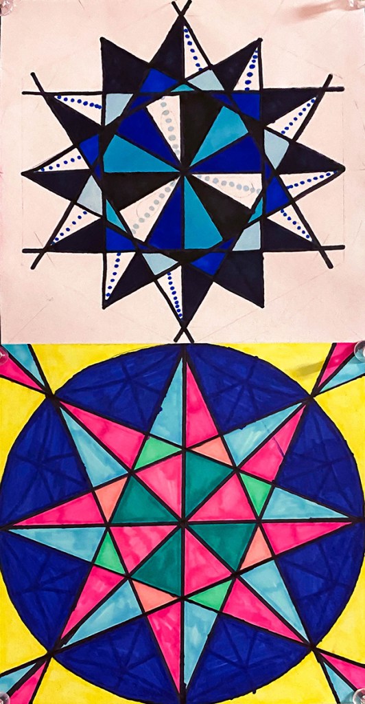 Examples of 6th grade students' Arabic geometric "tiles" made by using mathematical steps as given in Eric Bourg's book "Islamic Geometric Patterns"