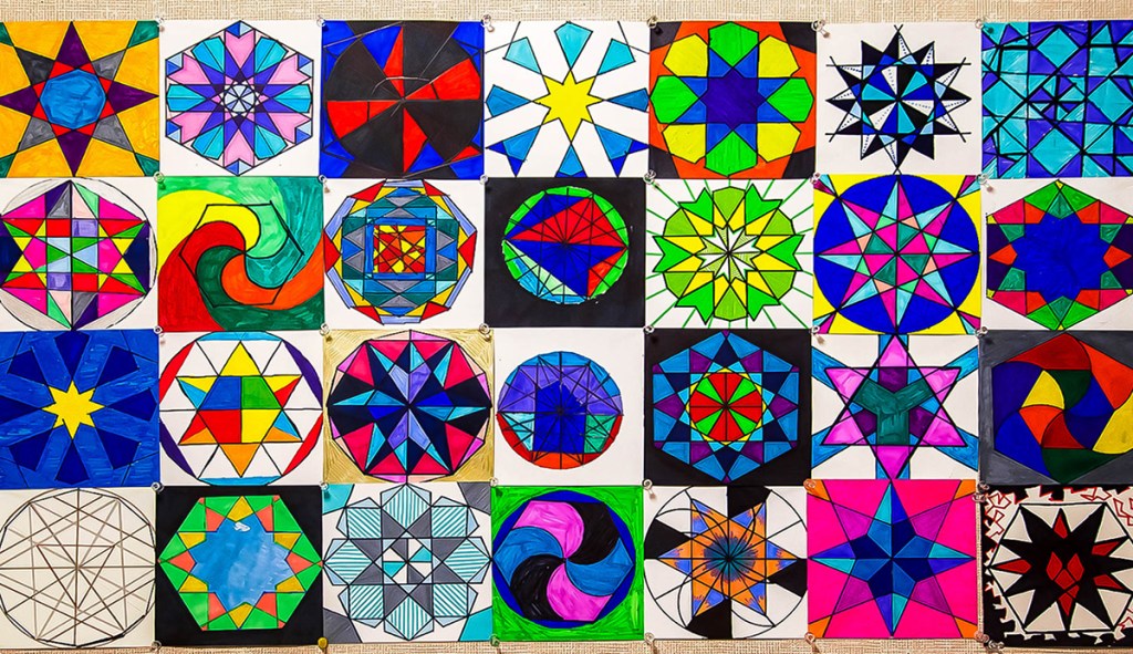 Examples of 6th grade students' Arabic geometric "tiles" made by using mathematical steps as given in Eric Bourg's book "Islamic Geometric Patterns"