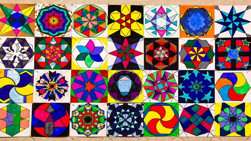 Examples of 6th grade students' Arabic geometric "tiles" made by using mathematical steps as given in Eric Bourg's book "Islamic Geometric Patterns"