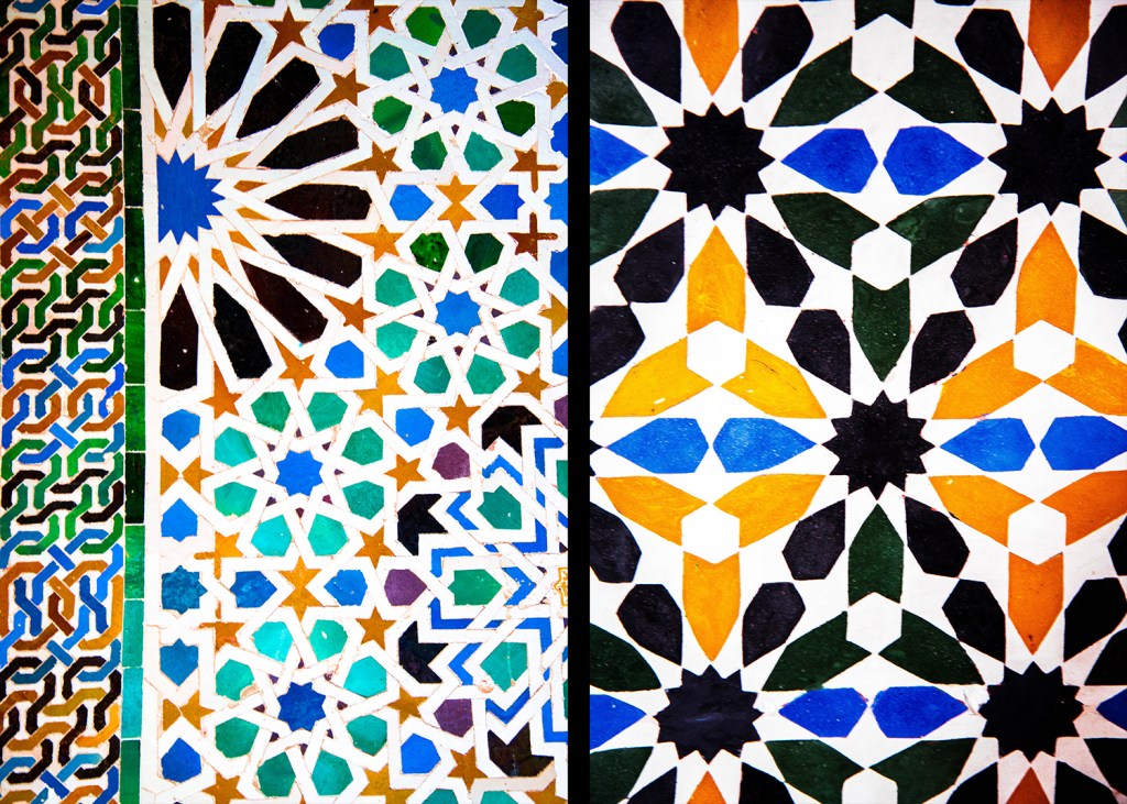 Arabic geometric tile patterns found on walls at La Alhambra, Granada, Spain; photos by Anita Sagastegui.