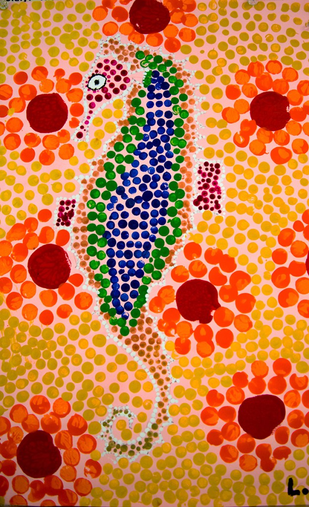 5th grade student's Aboriginal-style Dot Painting of a sea horse in a variety of vivid colors.