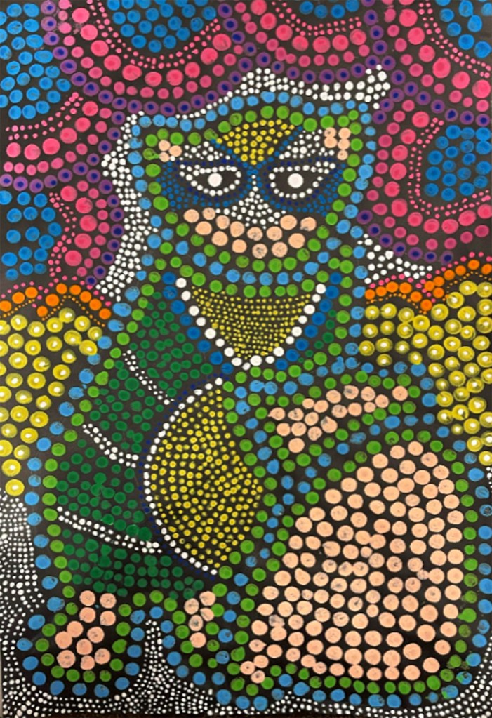 5th grade student's Aboriginal-style Dot Painting of a raccoon in vivid colors.